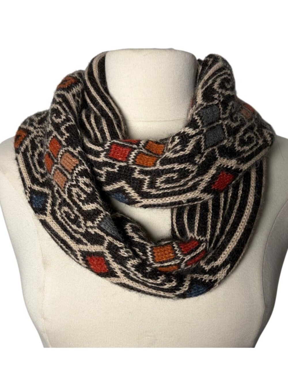 Intiwara Womens Alpaca Knit Scarf Aztec Print Brown Blue Double Layer Warm Boho